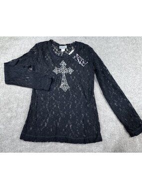 Lace Blouse M Rhinestone Detail Y2K Going Out Rock Sheer Moto Sexy Sheer
